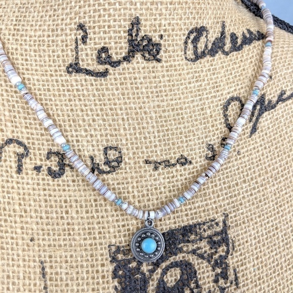 Boho Blue/Brown Shell/Beaded Turquoise Necklace - Picture 2 of 4